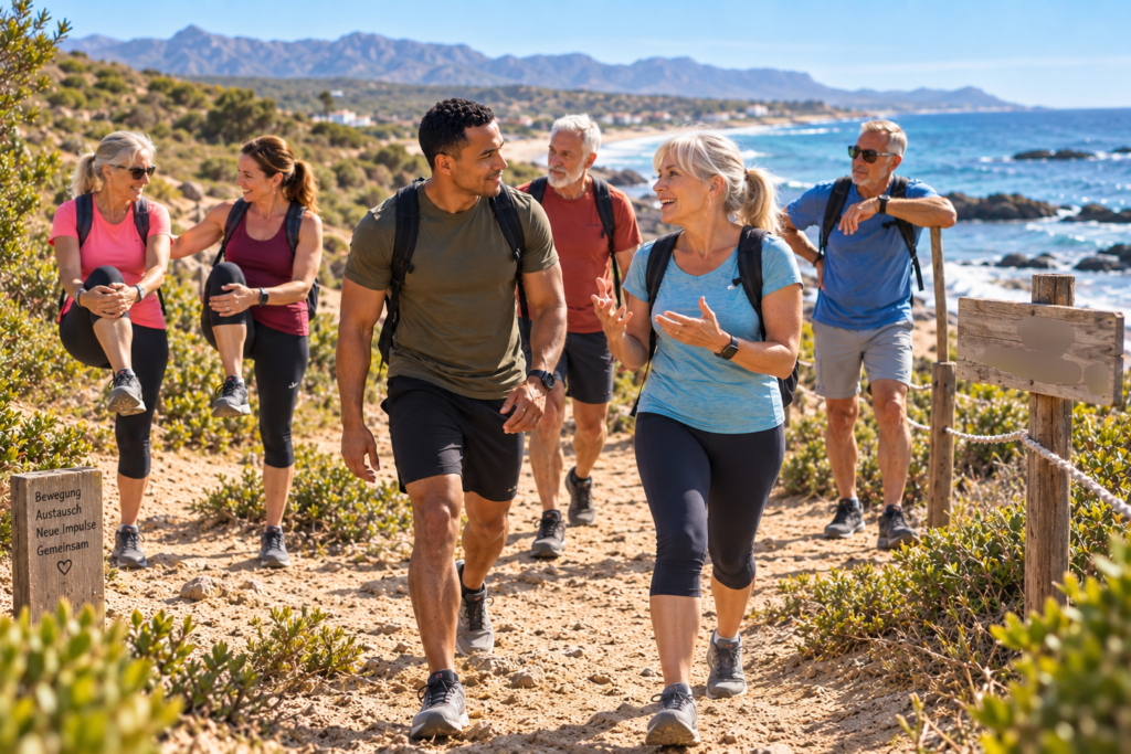 Überwinterer beim gemeinsamen Spaziergang an der Costa Cálida in Spanien – Bewegung, Mobilisationsübungen, Natur und persönlicher Austausch in kleiner Gruppe.
